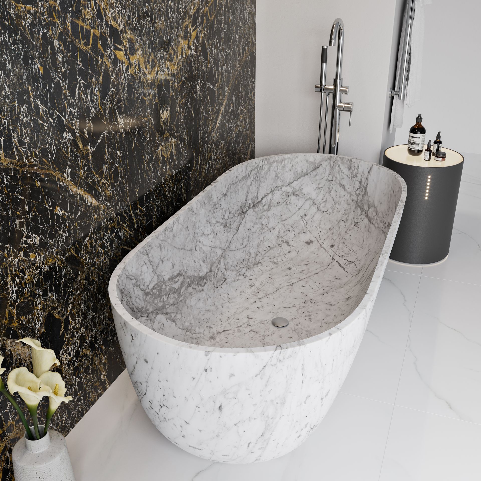freistehende Zürich Badewanne aus weißem Carrara-Marmor