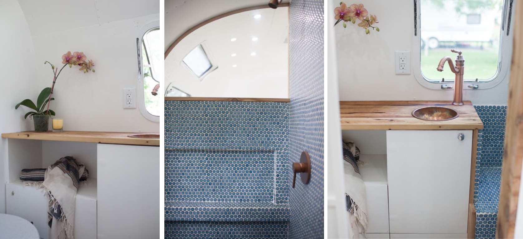 Tiny basin and Made-to-measure shower in this trailer tiny bathroom by The Modern Caravan