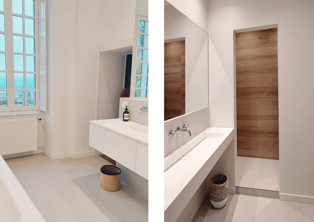 Produits Riluxa utilisés : un double lavabo Sagitta en Corian® + un meuble sous vasque Gaia Classic et un lavabo mural Sagitta Plus.