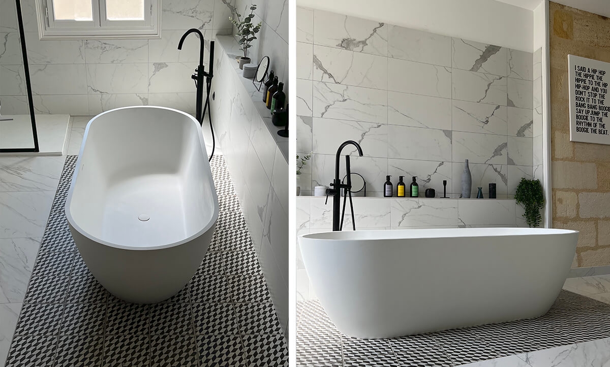 Verwendete Riluxa Produkte: ein Sagitta Doppelwaschbecken aus Corian® + Gaia Classic Waschtischunterschrank und ein Sagitta Plus Wandwaschbecken Nantes Solid Surface Badewanne