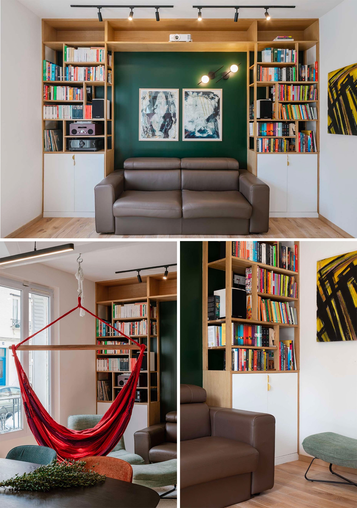 Das Atelier Varenne hat sich etwas einfallen lassen, damit die umfangreiche Büchersammlung dieser Familie ihren Platz inmitten einer Konstruktion aus kontrastierenden Formen und einfachen Materialien findet.