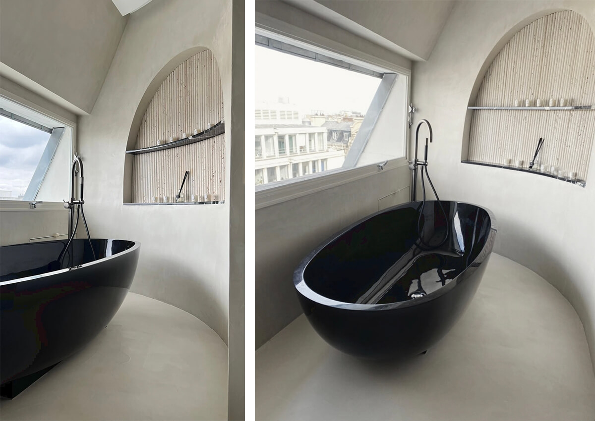 Kundenprojekt Erhabene Eleganz Ovala Smoky Freistehende Badewanne aus HarzSeite an Seite