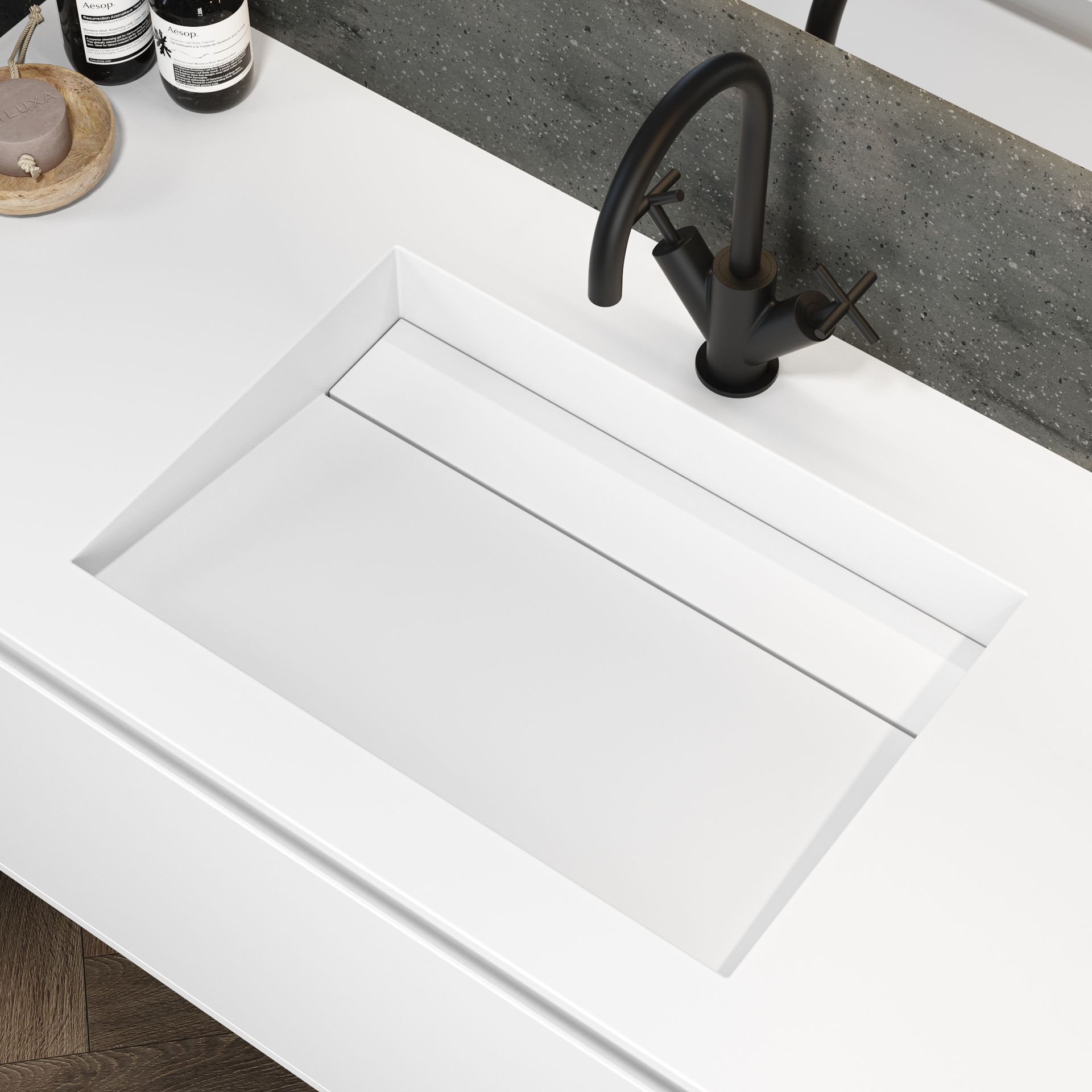 Cassiopeia Corian® Vanity Top Cassiopeia Basin Shape