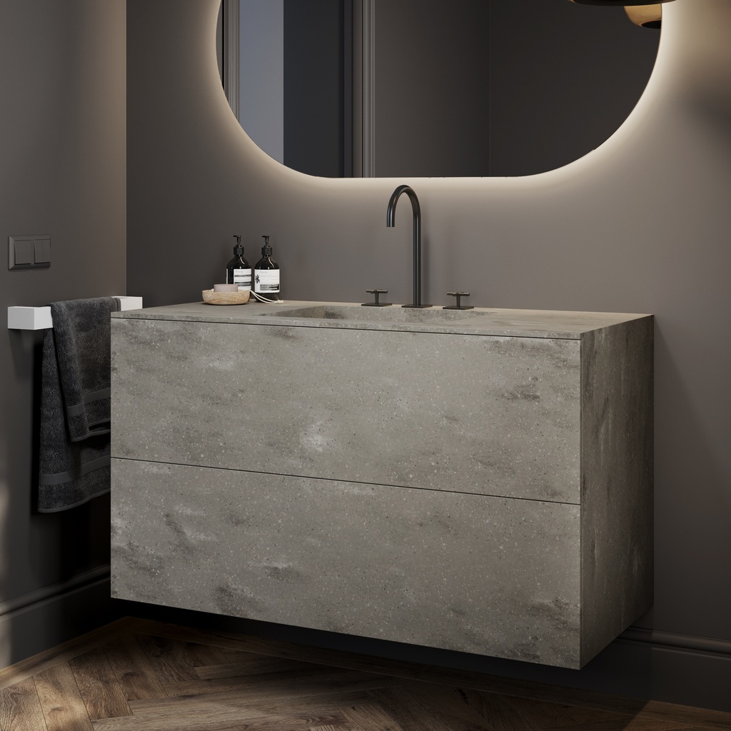 Gaia Corian® Vanity Unit with Corian® Basin | 2 Stacked Drawers · Ash Aggregate Side View