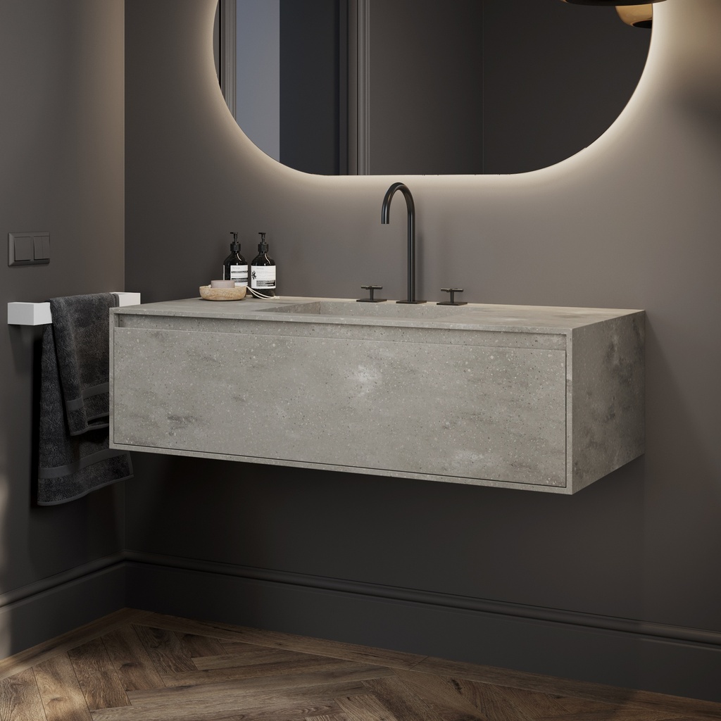Gaia Corian® Edge Vanity Unit with Corian® Basin | 1 Drawer · Ash Aggregate Standard Side View