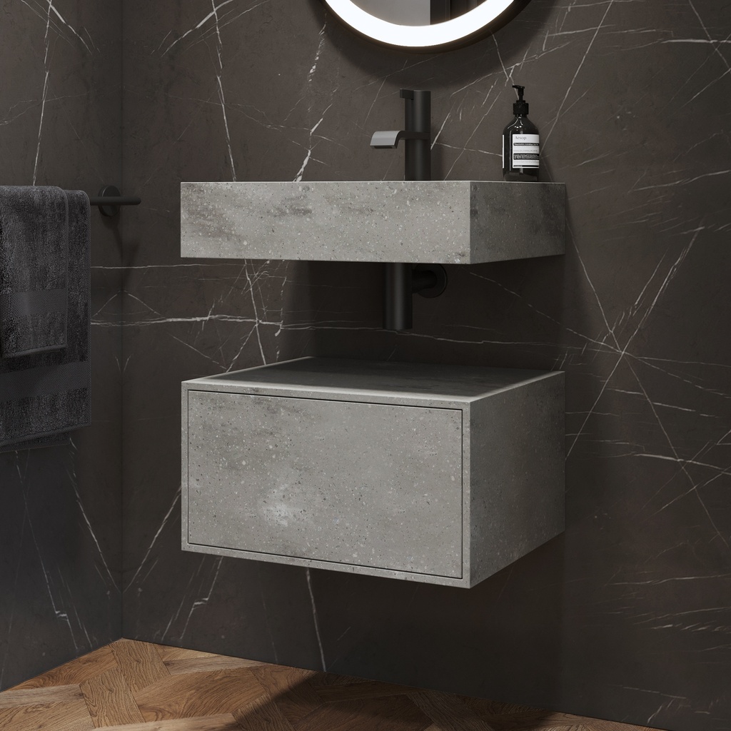 Gaia Corian® Edge Bathroom Cabinet | 1 Drawer · Mini Ash Aggregate Push Side View