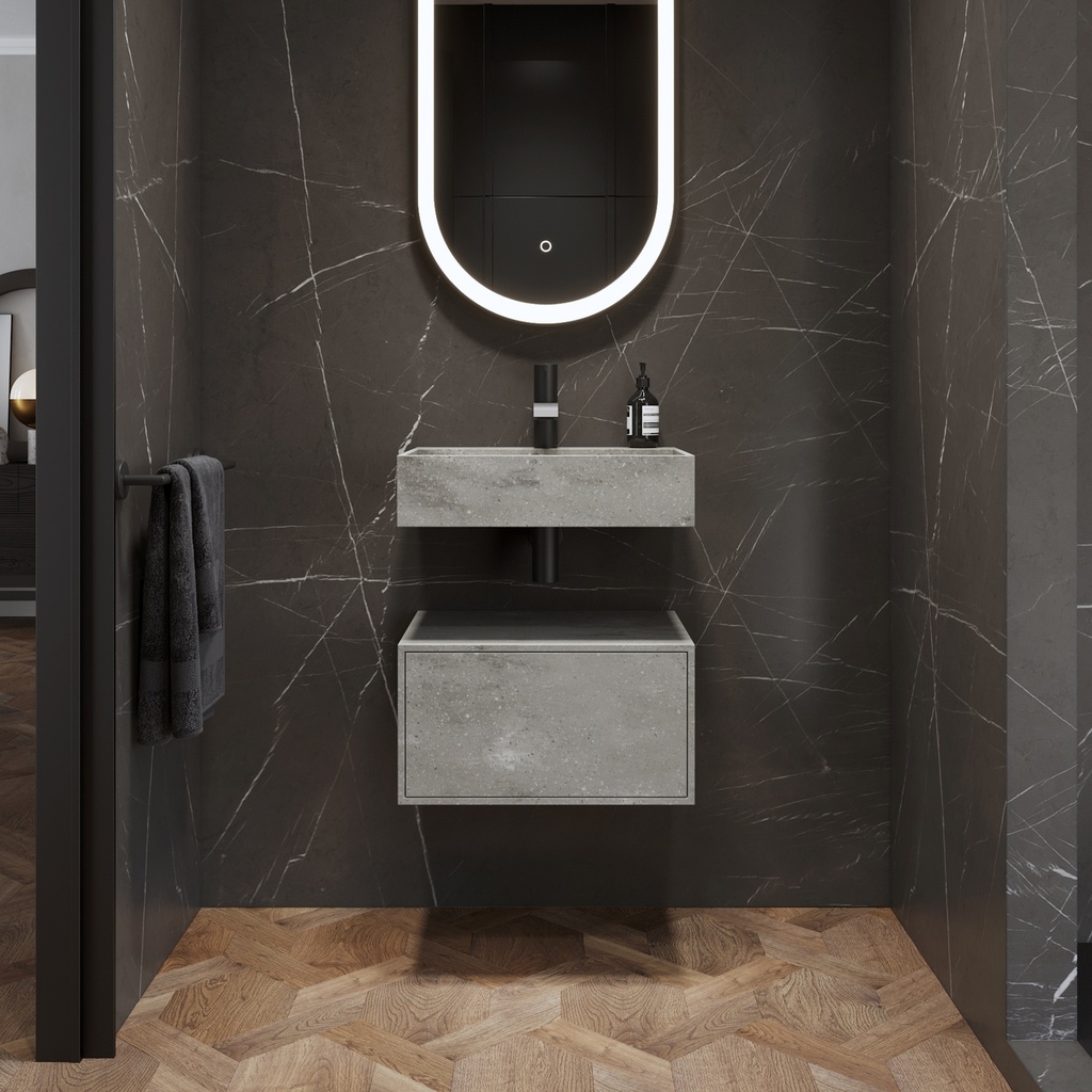 Gaia Corian® Edge Bathroom Cabinet | 1 Drawer · Mini Ash Aggregate Push Front View