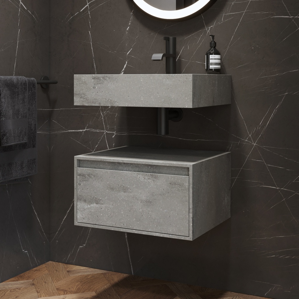 Gaia Corian® Edge Bathroom Cabinet | 1 Drawer · Mini Ash Aggregate Slanted Side View
