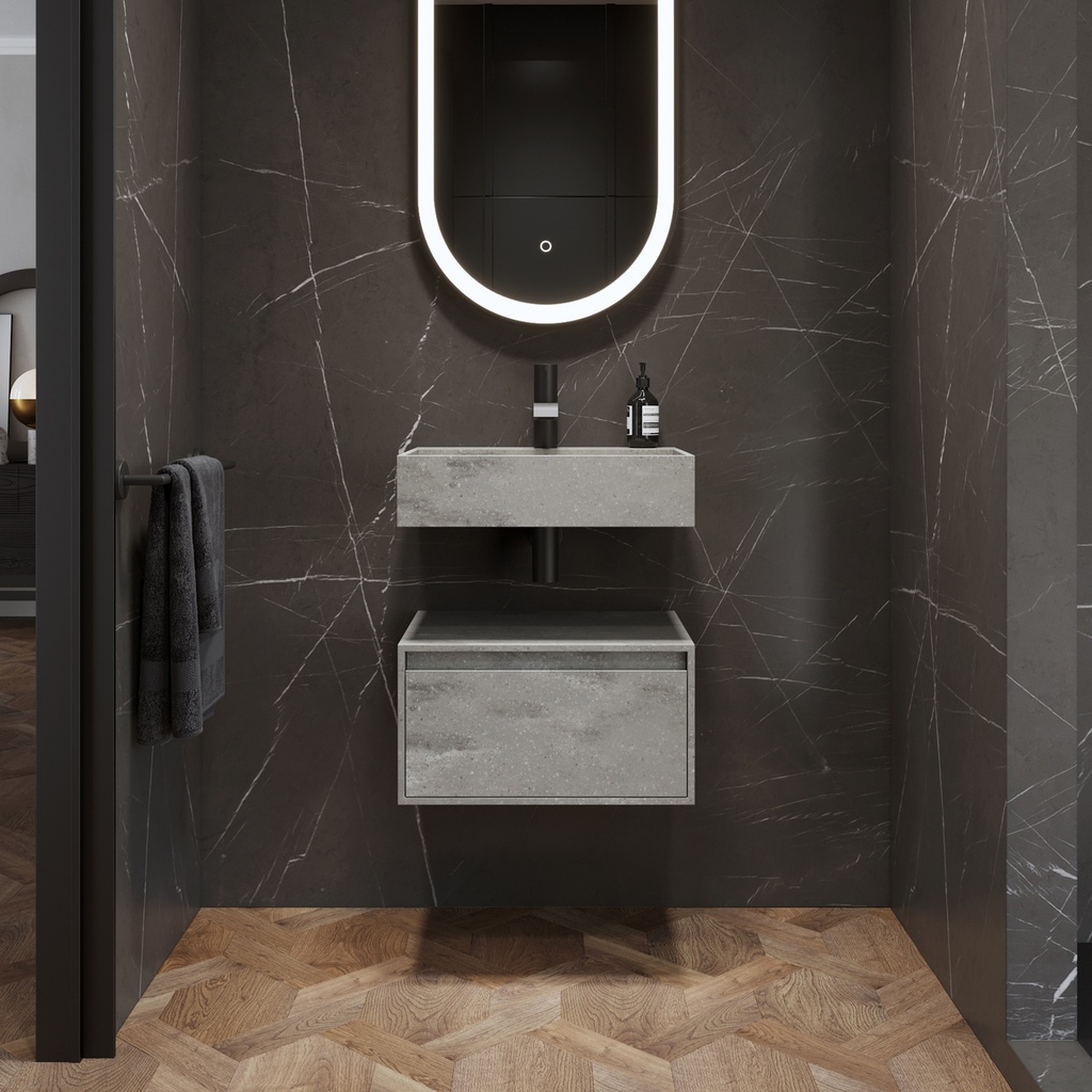 Gaia Corian® Edge Bathroom Cabinet | 1 Drawer · Mini Ash Aggregate Slanted Front View