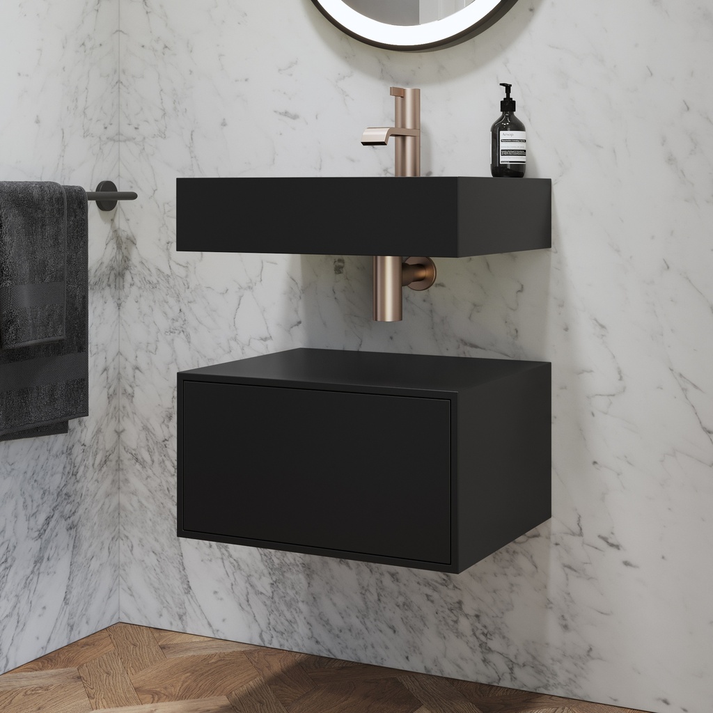 Gaia Corian® Edge Bathroom Cabinet | 1 Drawer · Mini Deep Nocturne Push Side View