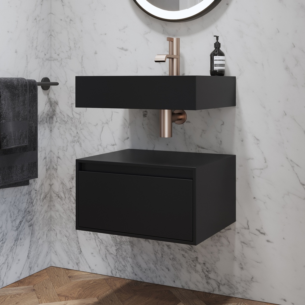 Gaia Corian® Edge Bathroom Cabinet | 1 Drawer · Mini Deep Nocturne Slanted Side View