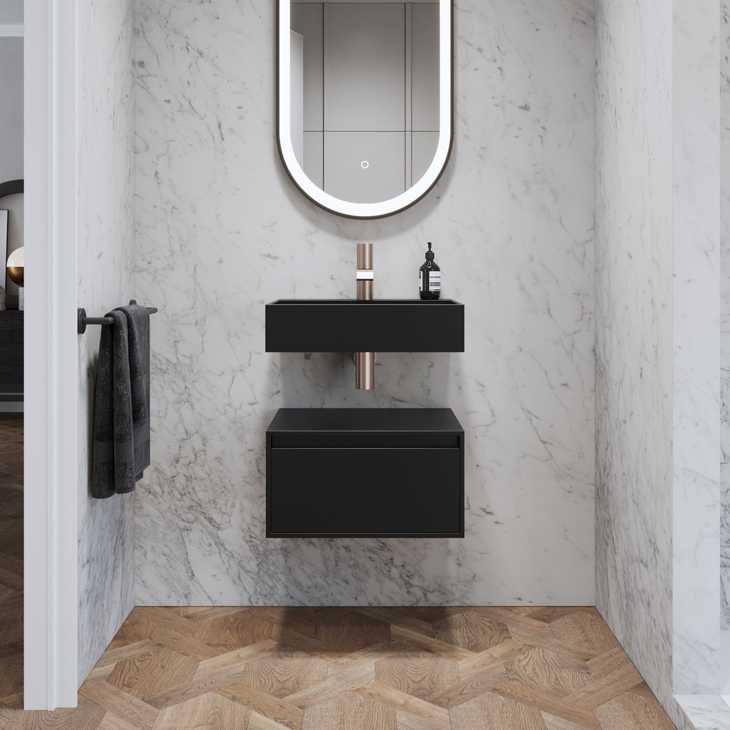 Gaia Corian® Edge Bathroom Cabinet | 1 Drawer · Mini Deep Nocturne Slanted Front View