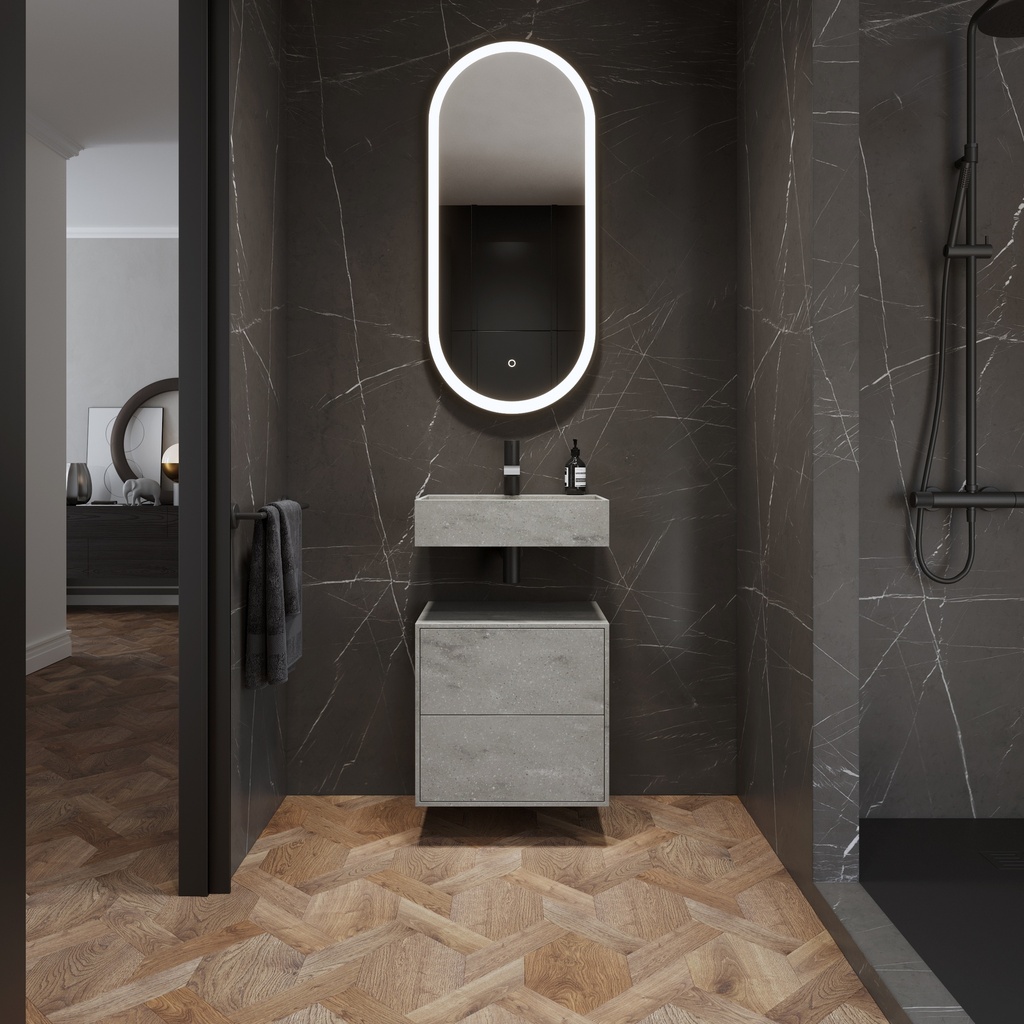 Gaia Corian® Edge Bathroom Cabinet | 2 Stacked Drawers · Mini Ash Aggregate Push Overview