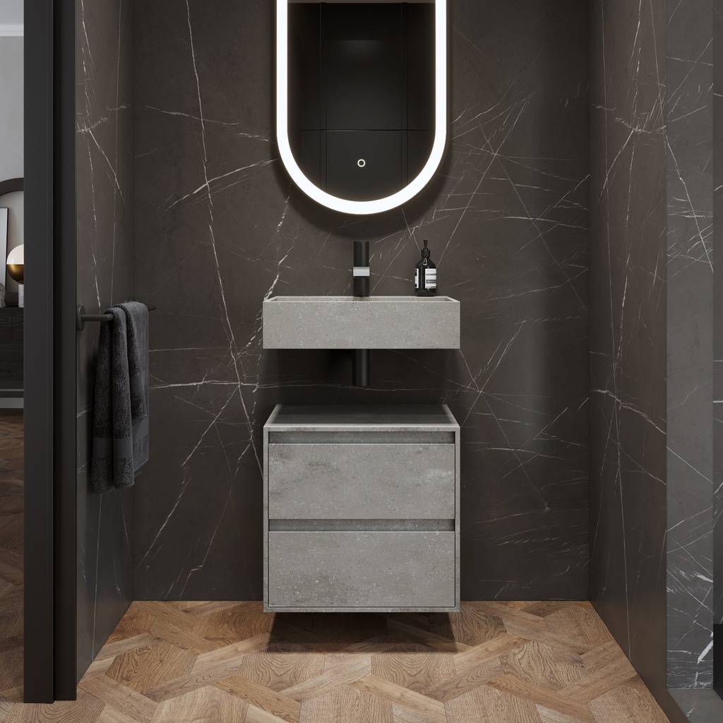 Gaia Corian® Edge Bathroom Cabinet | 2 Stacked Drawers · Mini Ash Aggregate Slanted Front View