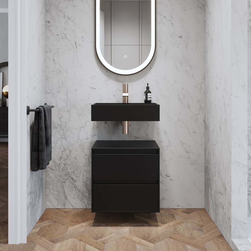 Gaia Corian® Edge Bathroom Cabinet | 2 Stacked Drawers · Mini Deep Nocturne Slanted Front View