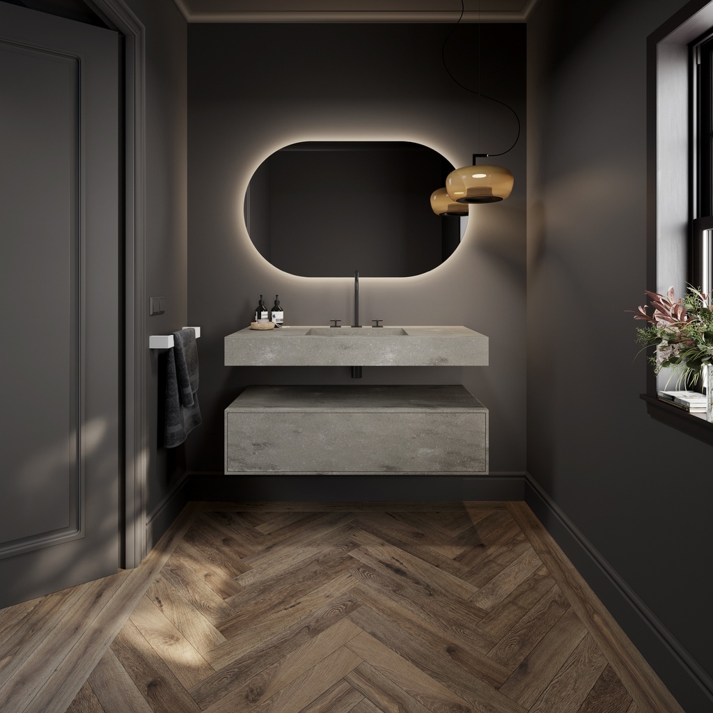 Gaia Corian® Edge Bathroom Cabinet | 1 Drawer · Ash Aggregate Push Overview