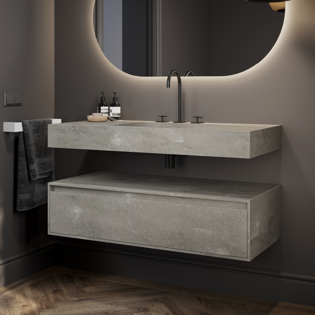 Gaia Corian® Edge Bathroom Cabinet | 1 Drawer · Ash Aggregate Slanted Side View
