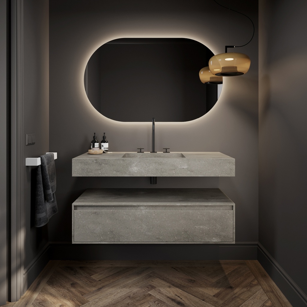 Gaia Corian® Edge Bathroom Cabinet | 1 Drawer · Ash Aggregate Slanted Front View