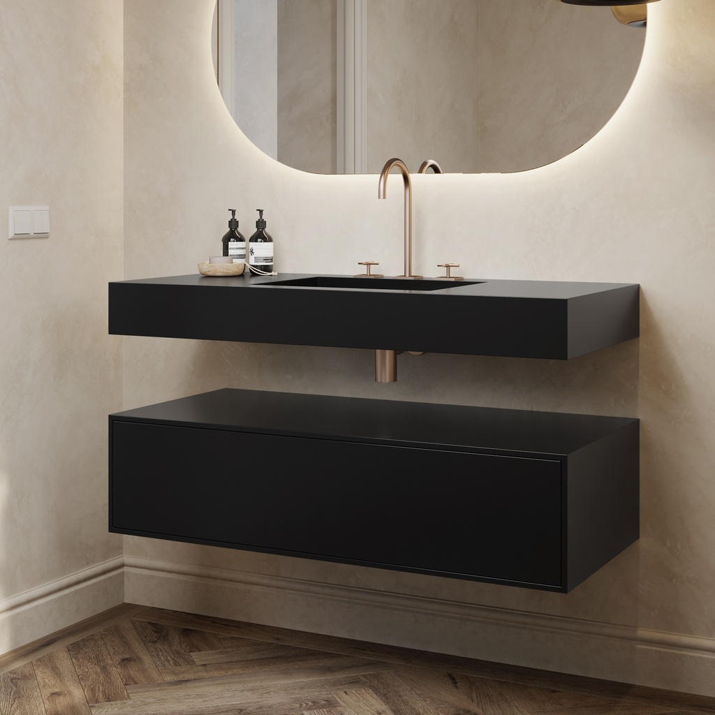 Gaia Corian® Edge Bathroom Cabinet | 1 Drawer · Deep Nocturne Push Side View