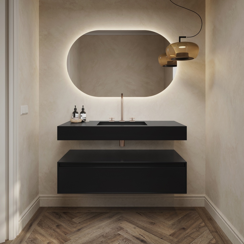Gaia Corian® Edge Bathroom Cabinet | 1 Drawer · Deep Nocturne Slanted Front View