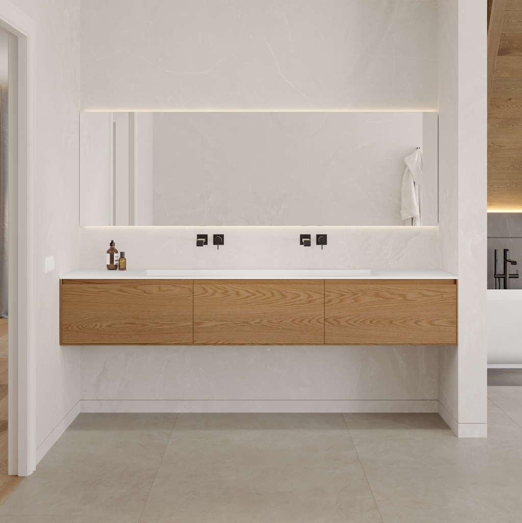 Gaia Wood Edge Vanity Unit with Corian® Basin | 3 Aligned Drawers · Luxe Size Standard Front View
