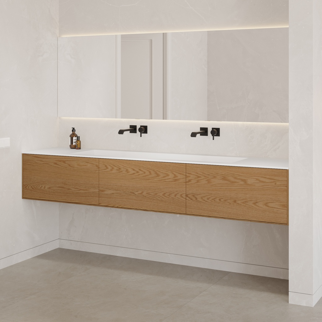 Gaia Wood Edge Vanity Unit with Corian® Basin | 3 Aligned Drawers · Luxe Size Push Side View