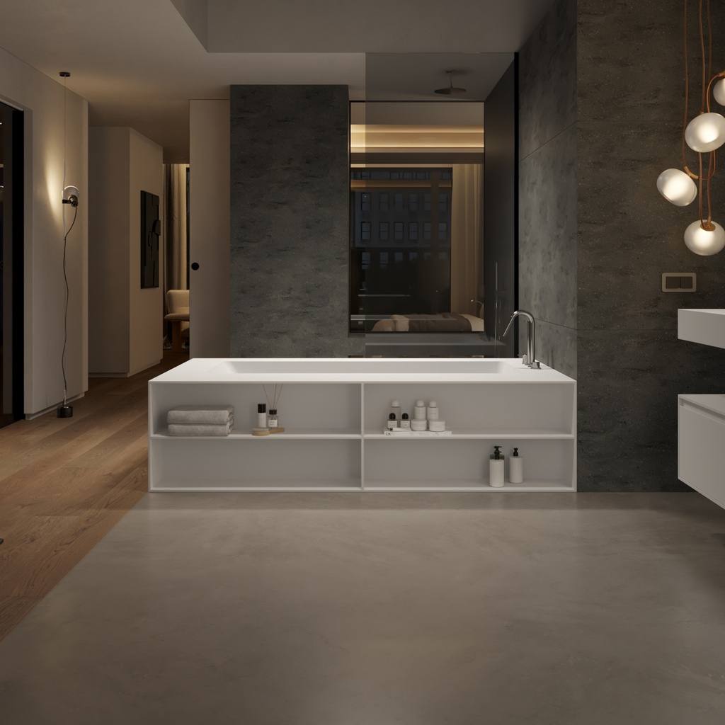 Aquila Bespoke Back-to-Wall Bath in Corian® with Built-in Shelving Front