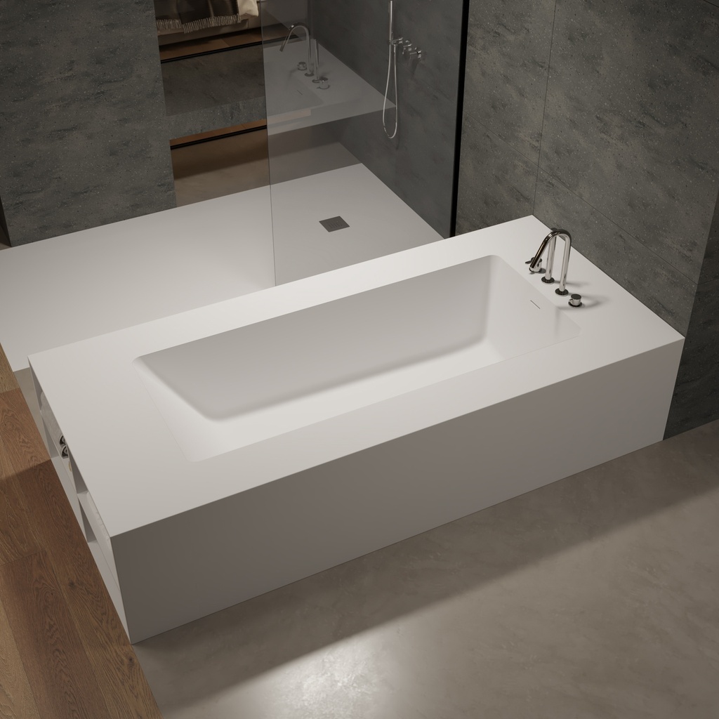 Aquila Bespoke Back-to-Wall Bath in Corian® with Built-in Shelving Side