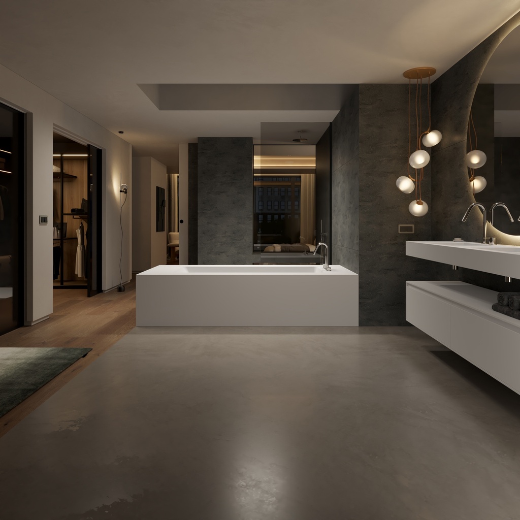 Aquila Bespoke Back-to-Wall Bath in Corian® with Built-in Shelving Overview