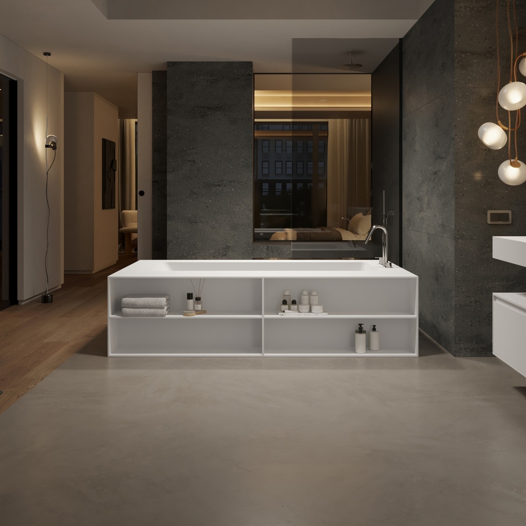 Aquila Bespoke Freestanding Bath in Corian® with Built-in Shelving Front