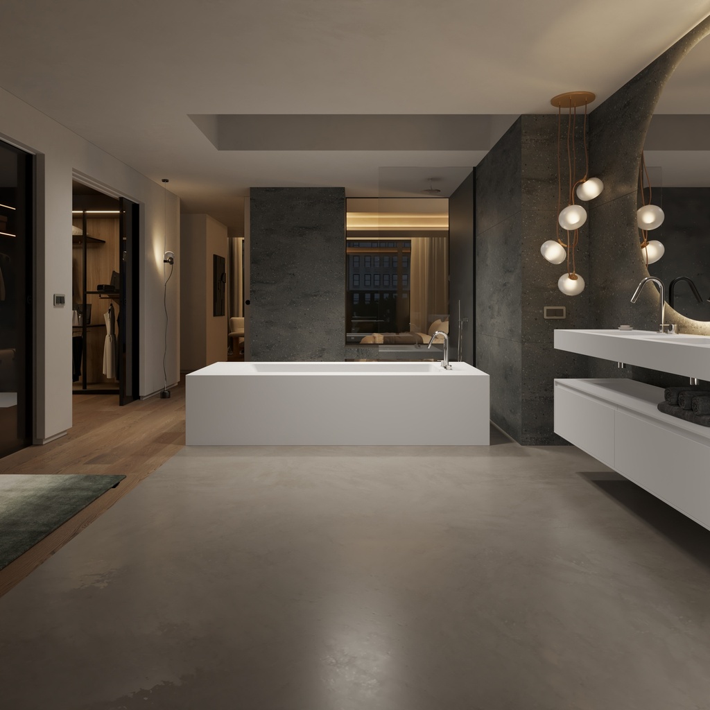 Aquila Bespoke Freestanding Bath in Corian® with Built-in Shelving Overview