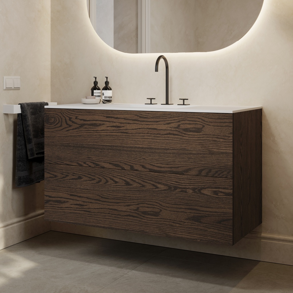 Gaia Wood Vanity Unit with Corian Basin 2 Stacked Drawers Dark Push Side View