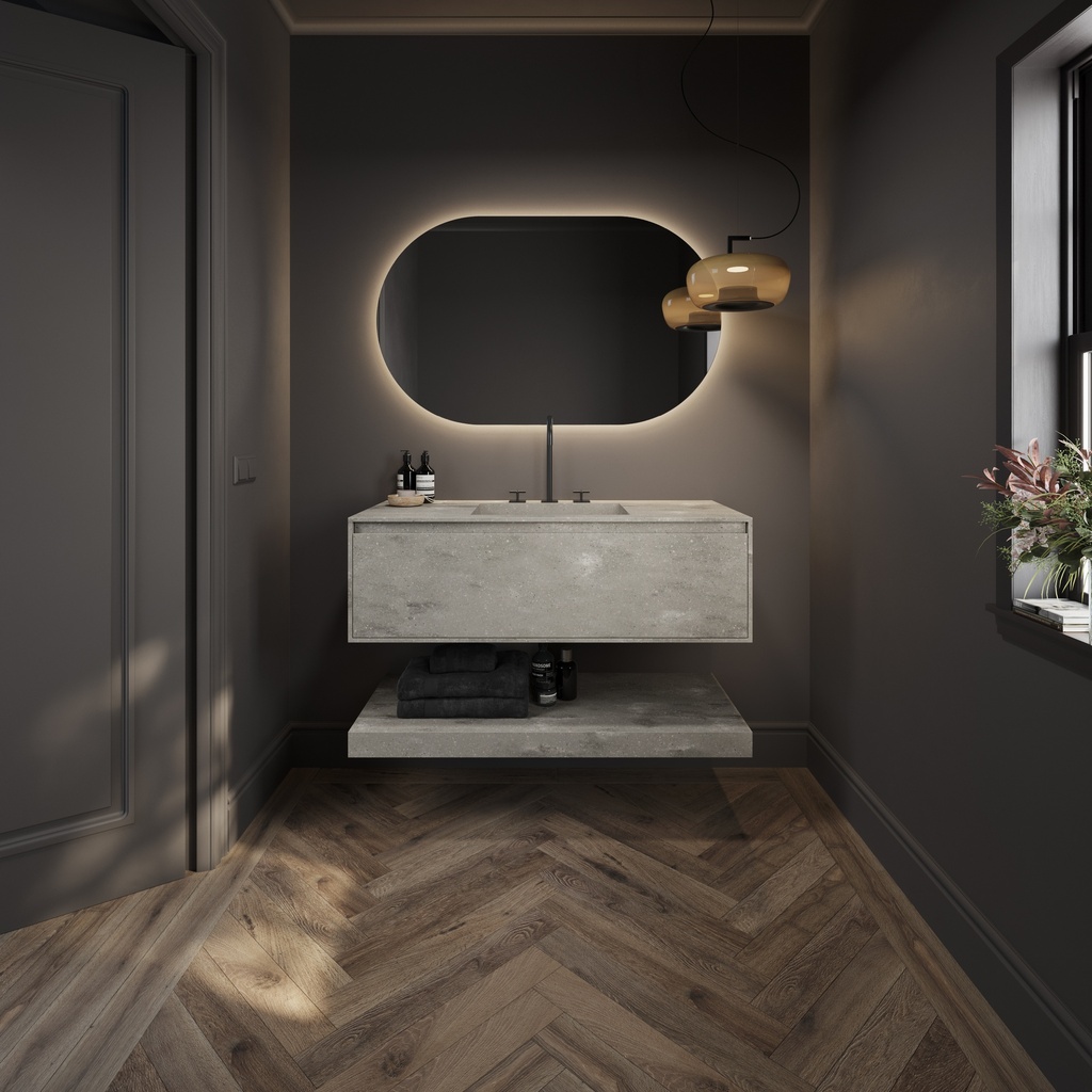 Hemera Corian® Floating Bathroom Shelf Ash Aggregate Overview