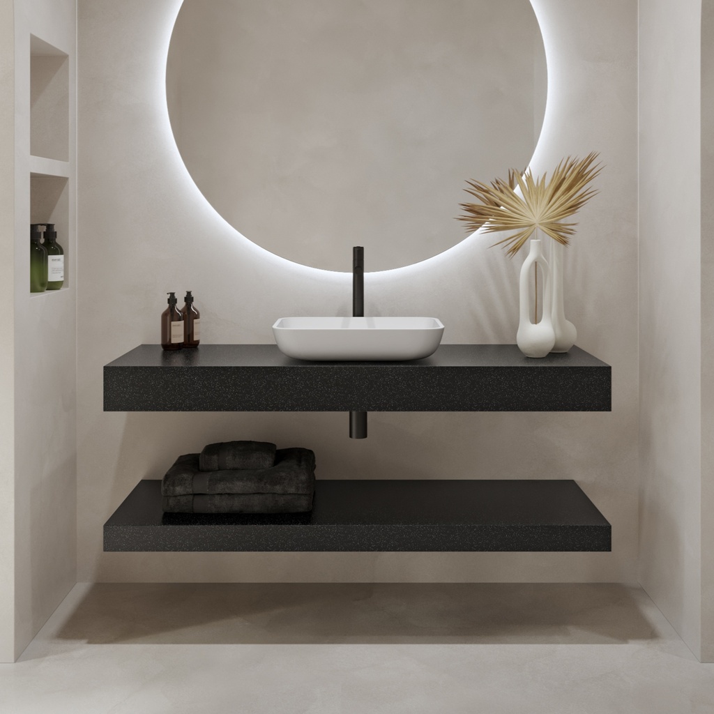 Hemera Corian® Floating Bathroom Shelf Deep Black Quartz Front