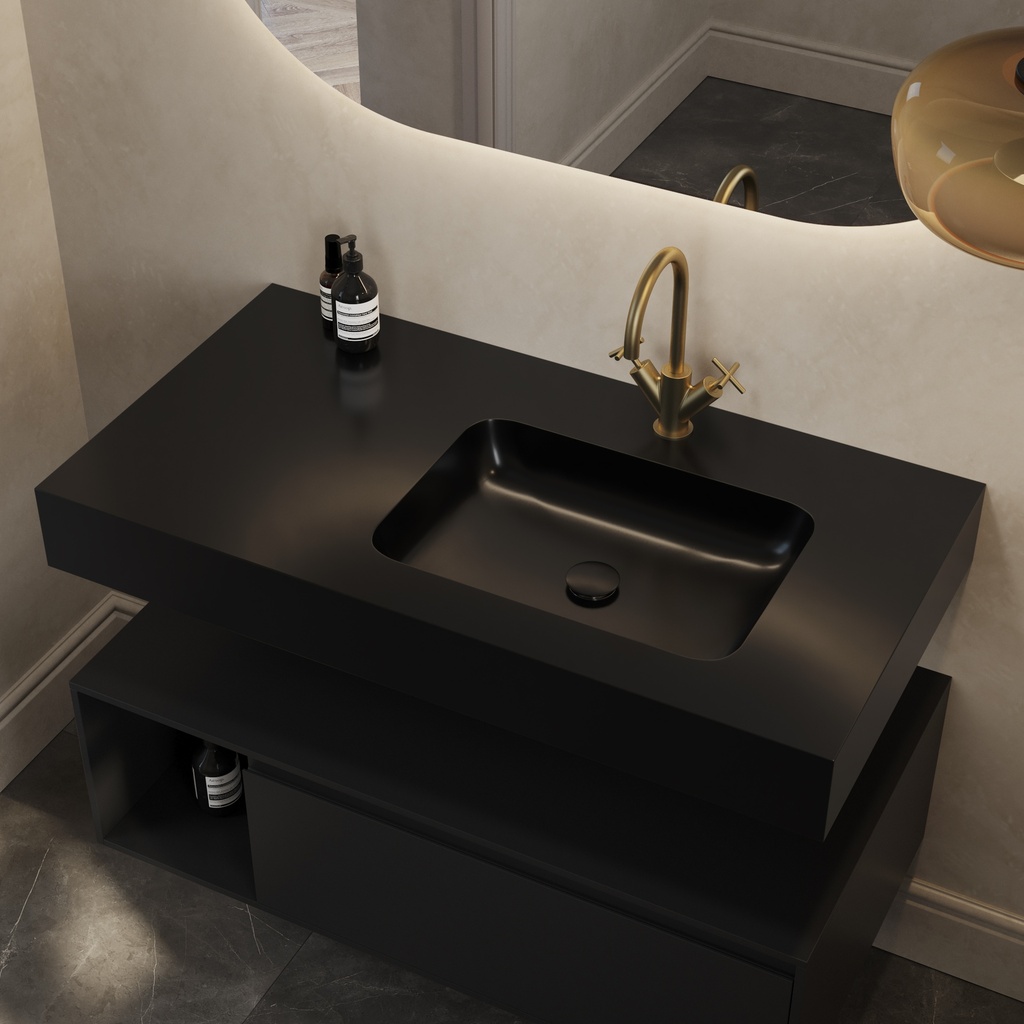 Orion Slim Corian Single Wall-Hung Washbasin Deep Nocturne Side View