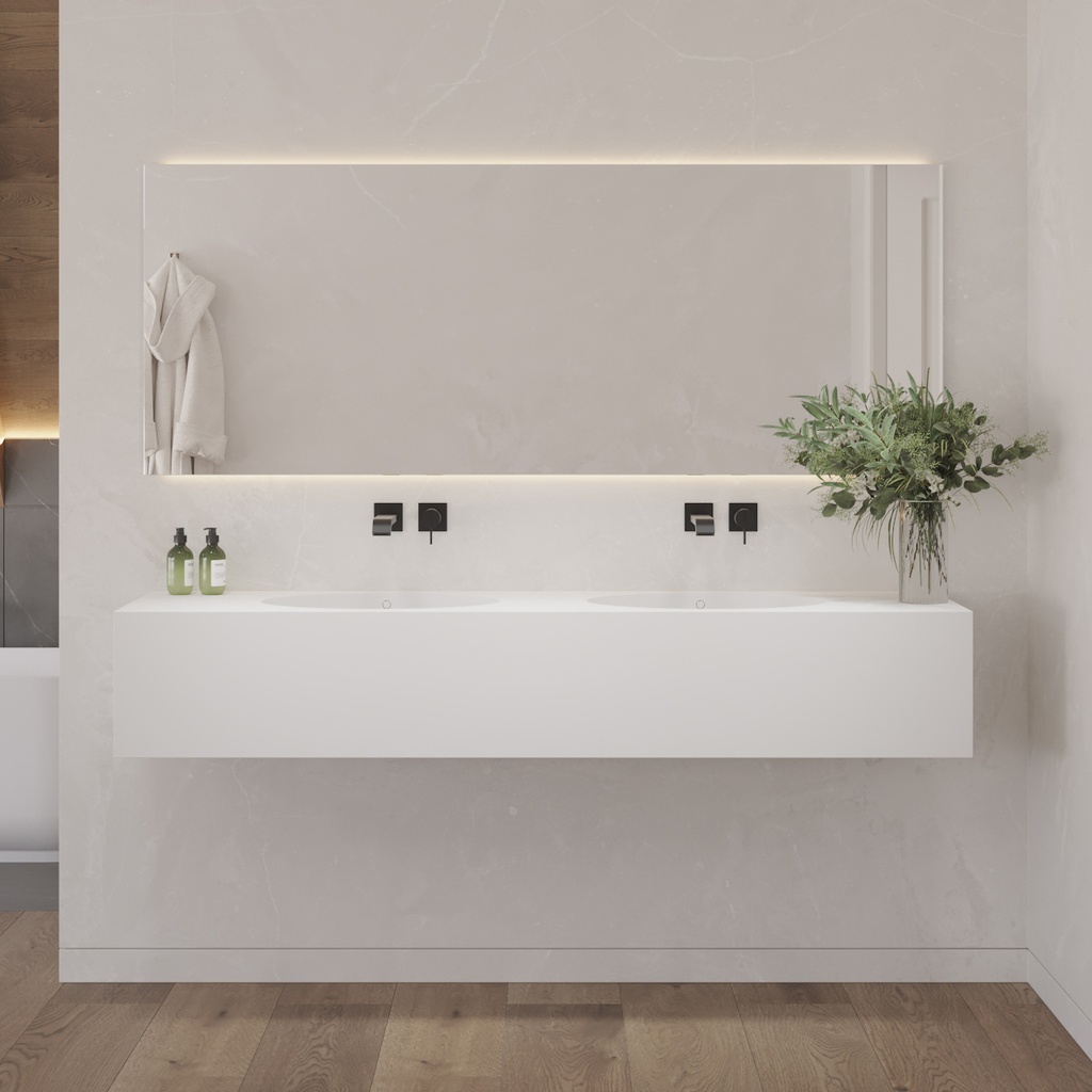 Relax Deep Corian Double Wall-Hung Washbasin Glacier White Front View