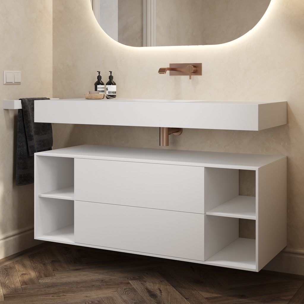 Apollo Classic Edge Bathroom Cabinet 2 Stacked Drawers 4 Shelves Comfort Size White Push Pull Side