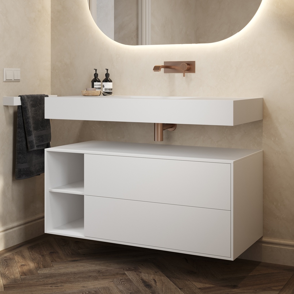 Apollo Classic Edge Bathroom Cabinet 2 Stacked Drawers 2 Shelves Comfort Size White Push Pull Side