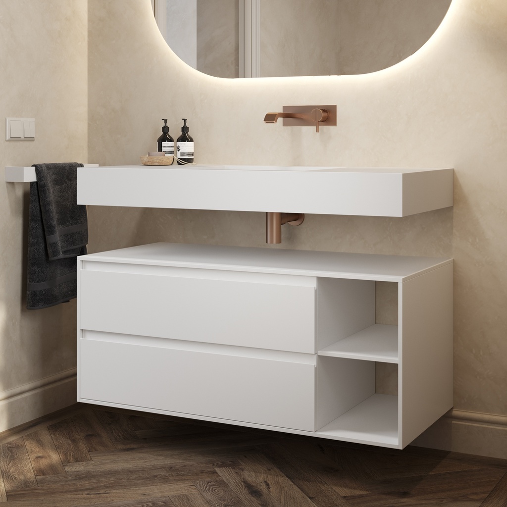 Apollo Classic Edge Bathroom Cabinet 2 Stacked Drawers 2 Shelves Comfort Size White Std handle Side