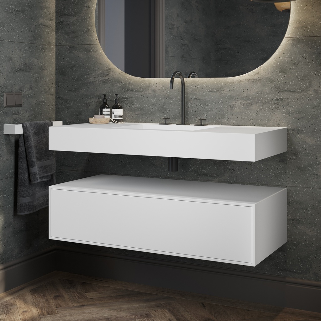 Gaia Corian Edge Bathroom Cabinet 1 Drawer  White Push Side View