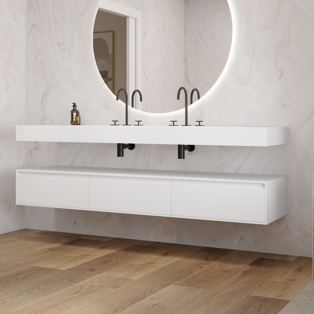 Gaia Corian Edge Bathroom Cabinet 3 Aligned Drawers  White Std handle Side View