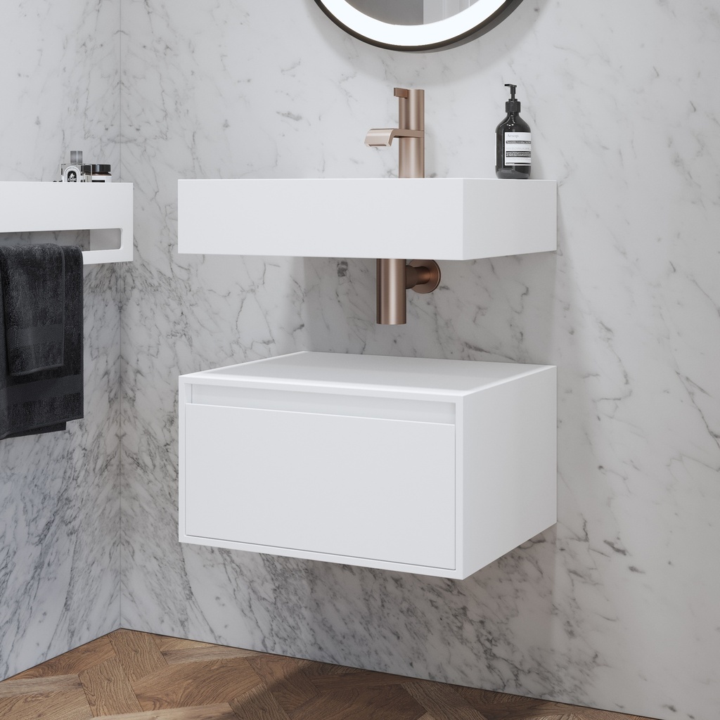 Gaia Corian Edge Bathroom Cabinet 1 Drawer Mini White Std handle Side View