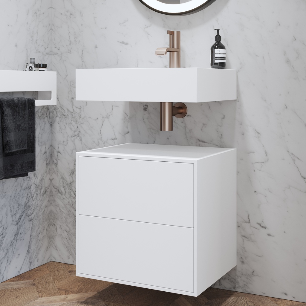 Gaia Corian Edge Bathroom Cabinet 2 Stacked Drawers Mini White Push Side View