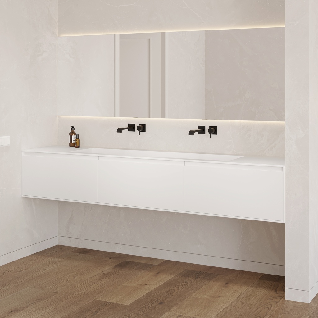 Gaia Classic Edge Vanity Unit with Corian Basin 3 Aligned Drawers Luxe Size White Std handle Side View