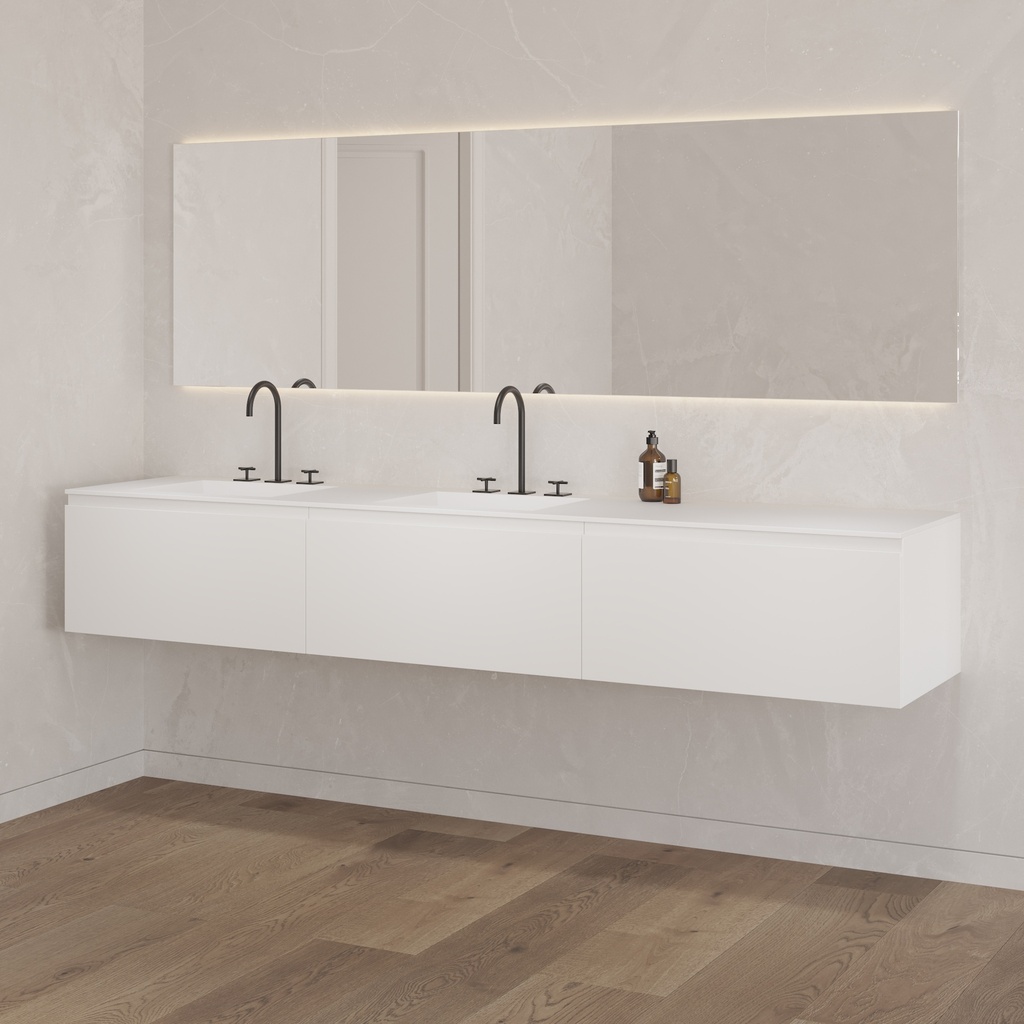 Gaia Classic Vanity Unit with Corian Basin 3 Aligned Drawers Luxe Size White Std handle Side View