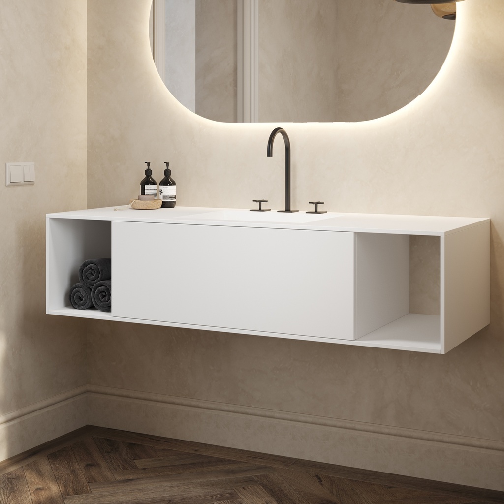 Apollo Classic Edge Vanity Unit with Corian Basin 1 Drawer 2 Shelves Comfort Size White Push Pull Side