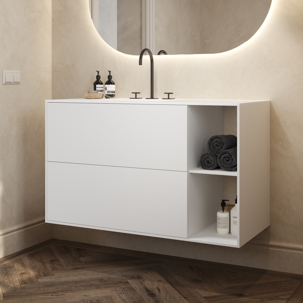 Apollo Classic Edge Vanity Unit with Corian Basin 2 Stacked Drawers 2 Shelves Comfort Size White Push Pull Side