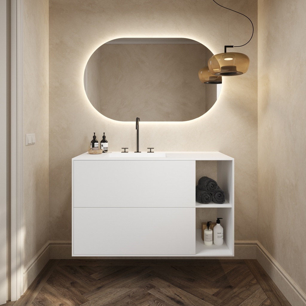 Apollo Classic Edge Vanity Unit with Corian Basin 2 Stacked Drawers 2 Shelves Comfort Size White Push Pull Front