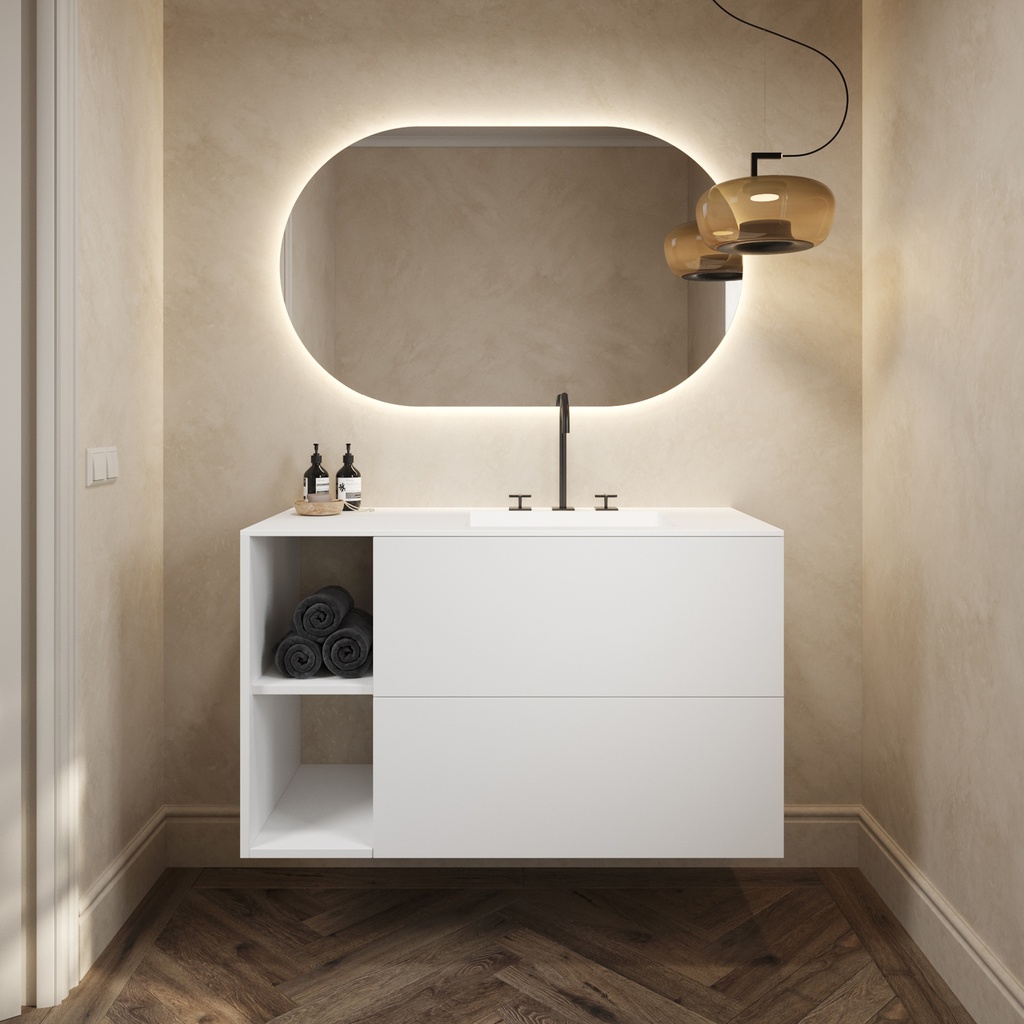 Apollo Classic Vanity Unit with Corian Basin 2 Stacked Drawers 2 Shelves Comfort Size White Push Pull Front