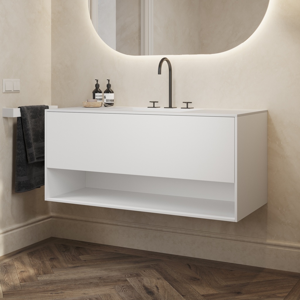 Athena Classic Edge Vanity Unit with Corian Basin 1 Drawer 1 Shelf Comfort Size White Push Pull Side